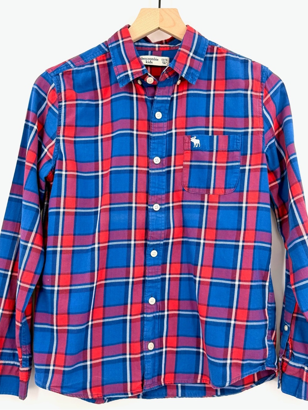 Abercrombie Kids Boys 13/14 Blue Red Plaid Button Down Shirt Moose